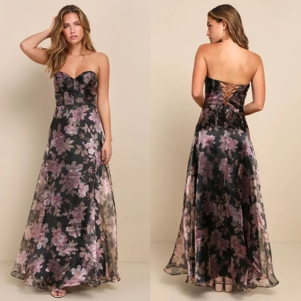 Lulus Exclusive Glamour Black Floral Organza Strapless Maxi Dress S Wedding